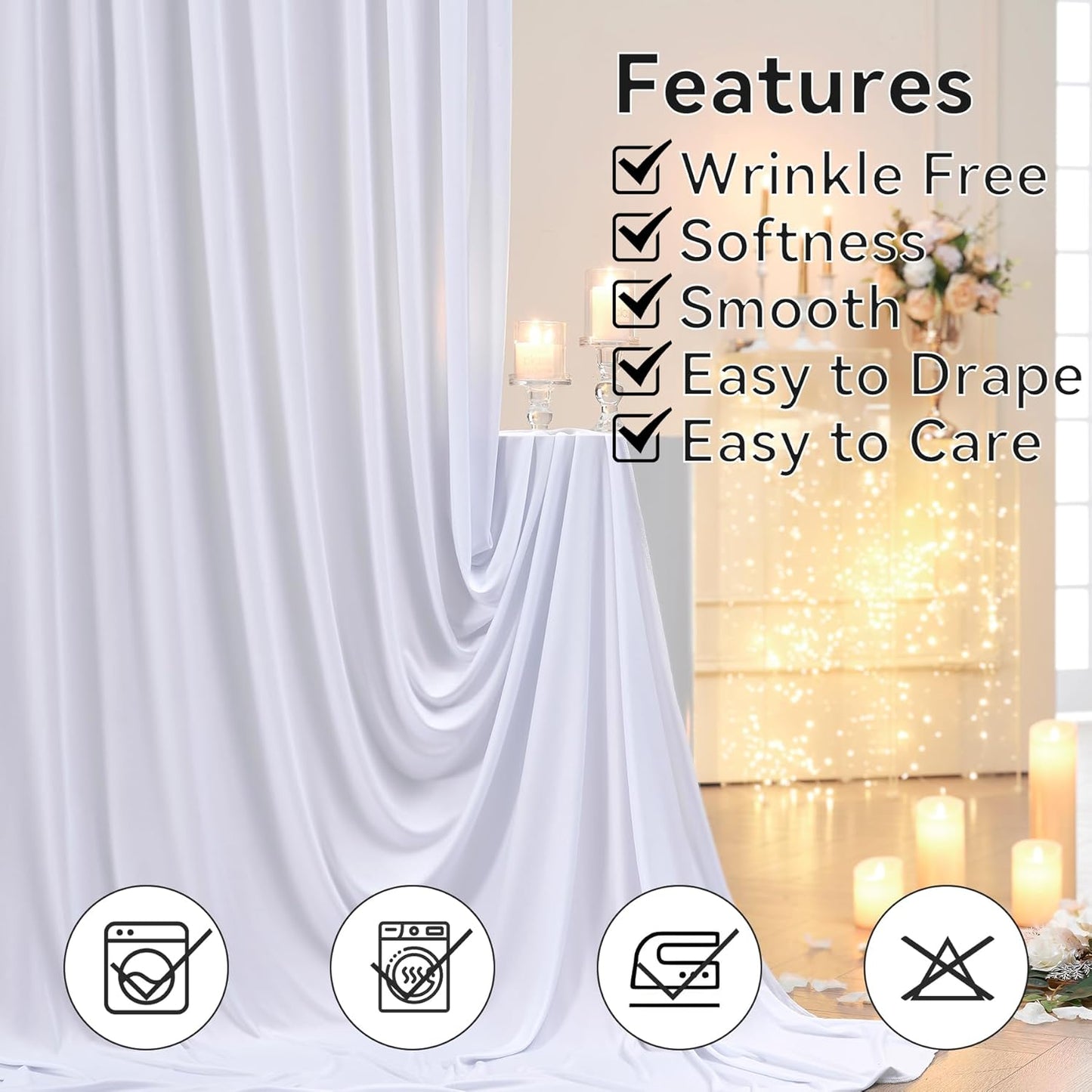 10ft x 15ft White Wrinkle Free Backdrop Curtains for Parties,Silky Polyester Fabric Wedding Ceiling Drapes, 2 Panels 15ft Photo Back Drop Drapes for Baby Shower Photography Stage Background Cloth