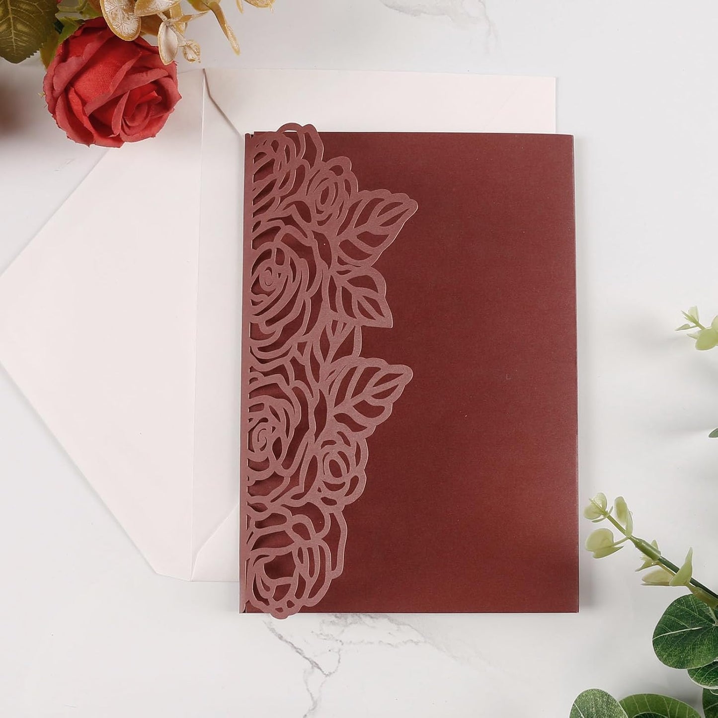 50pcs Tri Fold Wedding invitations Rose Hollow Laser Cut 5x7 '' Wedding Invitation Cards with Envelopes and RSVP Cards for Wedding Engagement Bridal Shower Quinceanera Party Invite Burgundy