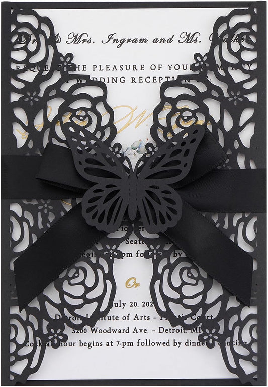 50pcs Black Wedding Invitation Kit Butterfly Laser Cut Invittations Pocket with Blank Inner Sheets and Envelopes for Wedding Anniversary Quinceañera Birthday Party Invites 4.9x7''