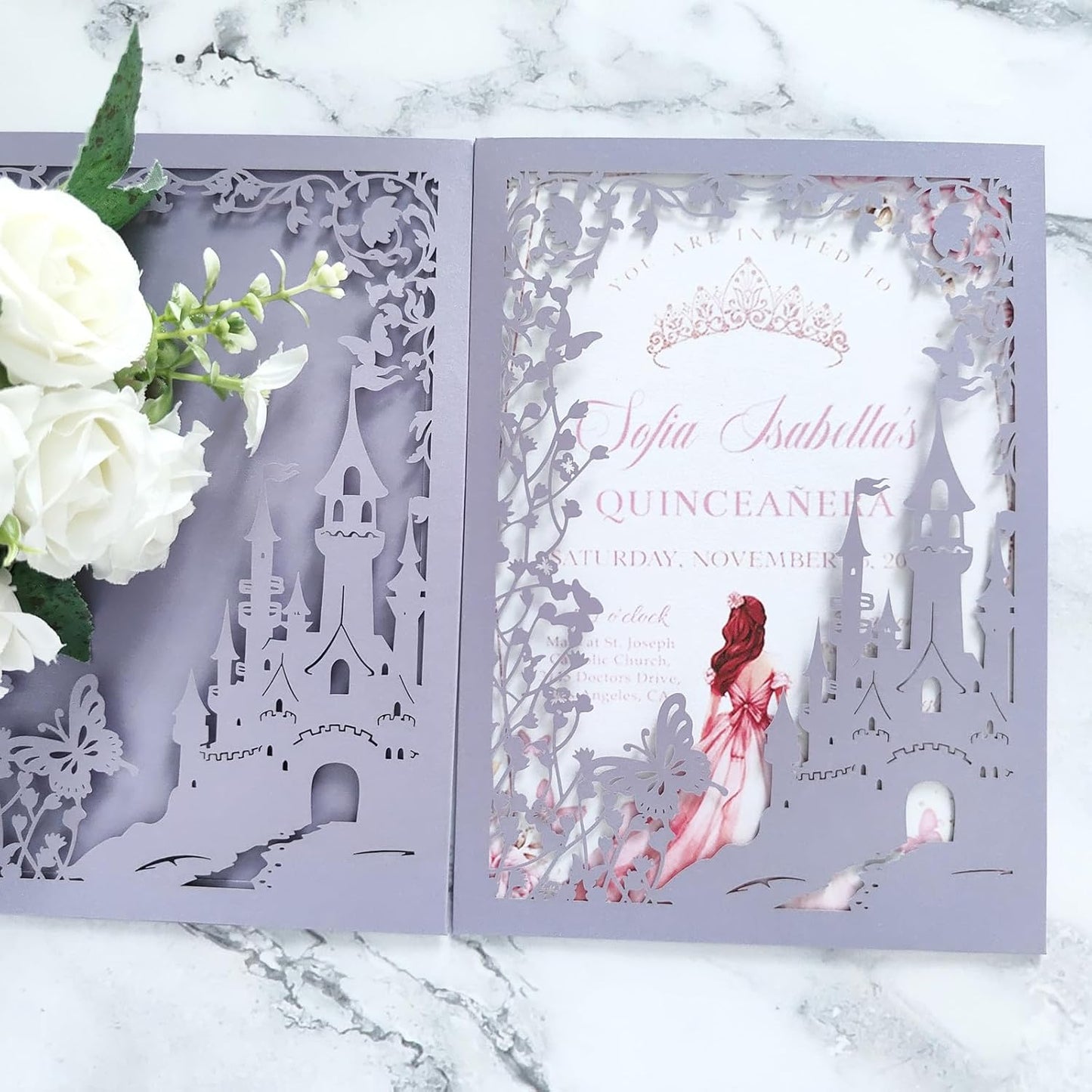 20PCS Castle Pocket Invitations, Quinceanera Invitations with Envelopes, Princess Invitation, Laser Cut quince invites (purple)