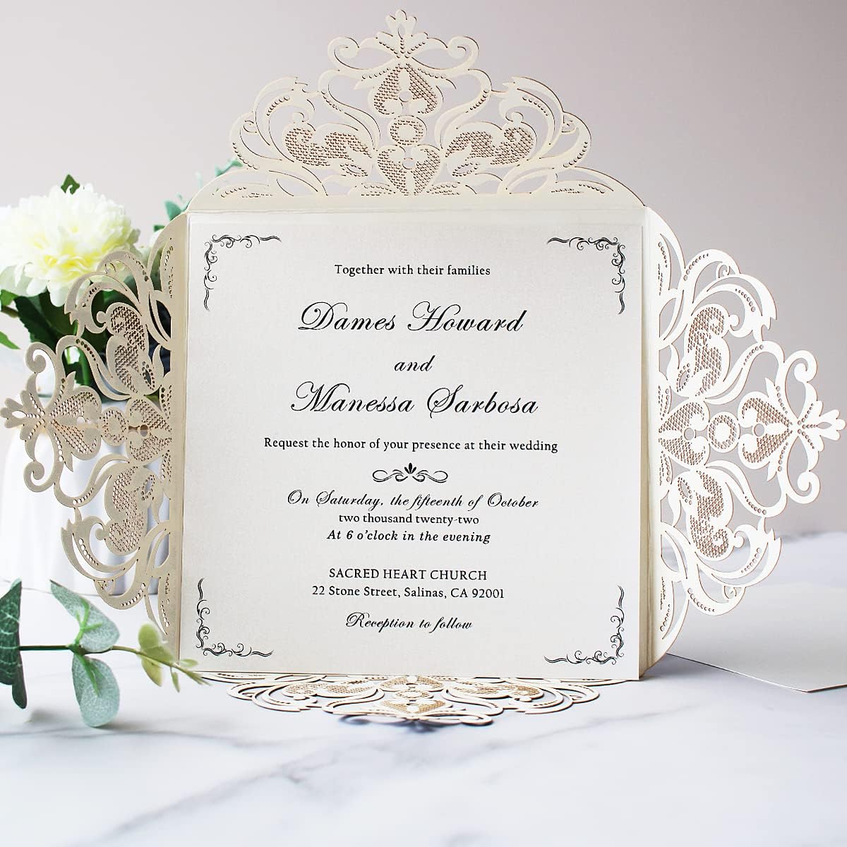 Hosmsua 6.3 x 6.3 Inch 50PCS Silver Glitter Laser Cut Hollow Lace Rose Wedding invitation Cards with Envelopes Wedding invitations for Anniversary Invite (Silver Glitter)