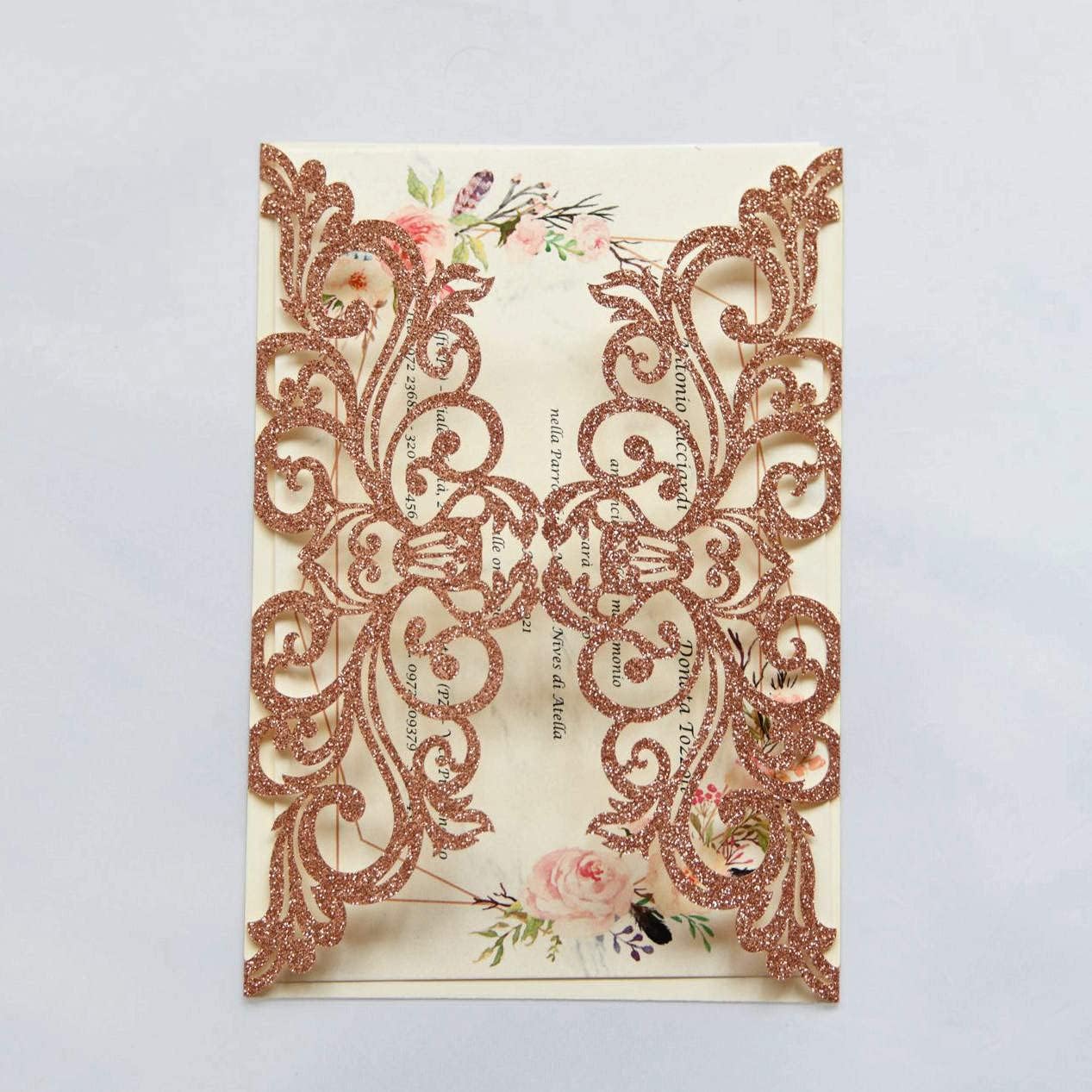 25PCS Rose Gold Laser Cut Wedding Invitations Cards with Envelopes,Blank Inner Sheets,Ribbons for Wedding Bridal Shower Quinceañera Engagement Birthday Invites, rose gold glitter