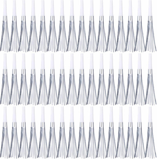 48 Pcs Silver Noise Makers Glitter Metallic Fringed Noise Makers Horns for Baby Shower, Kids Birthday, New Year Party Favor - Silver
