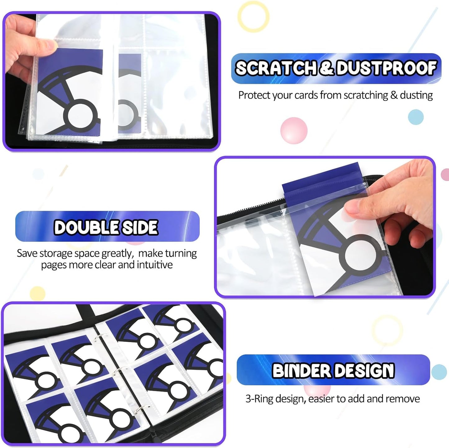 Trading Card Binder 4-Pockets, 400 Pockets Card Holder with 50 Removable Sleeves, Large Capacity & Waterproof Zipper Album Holder for Trading Card Collector, Portable Card Album Book for Card-Blue