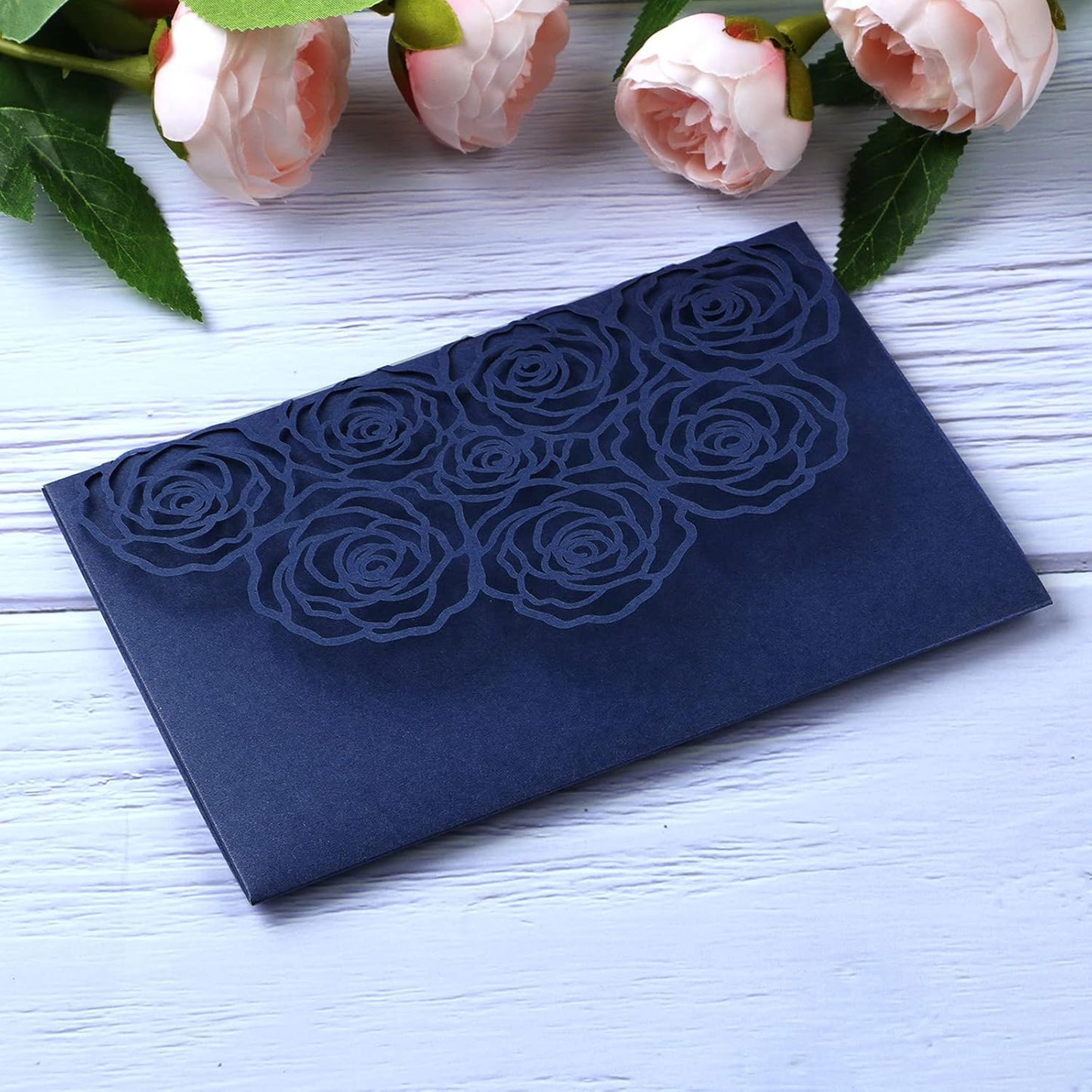 20 Pcs Laser Cut Wedding Invitations Card Pocket with Envelope for Birthday Party Baby or Bride Shower Invite suitable for 5 * 7 Inches Insert Paper (Dark Blue)