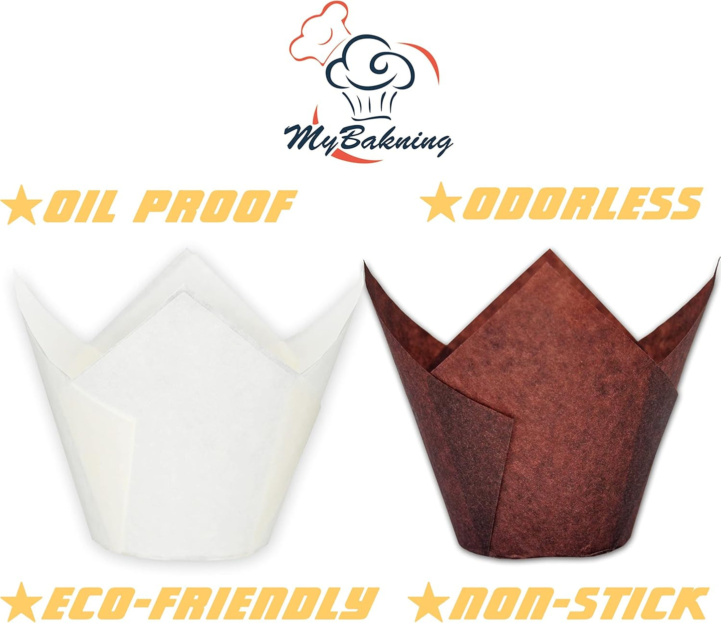 (Jumbo Extra Large size) Brown+White Tulip Baking Cups 2-1/4"(Base diameter) x 3-3/4"(Wall height) Greaseproof paper baking cupcake Muffin liners, Case of 130 pcs