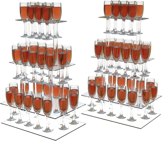 Champagne Tower, Rectangle Acrylic Champagne Display Rack Stand with 32 Slots, 3 Tier Floating Sight Champagne Flute Holder for Party, Wedding, School, Celebration, 17.3x11.8x25.5inch, 2 Pcs