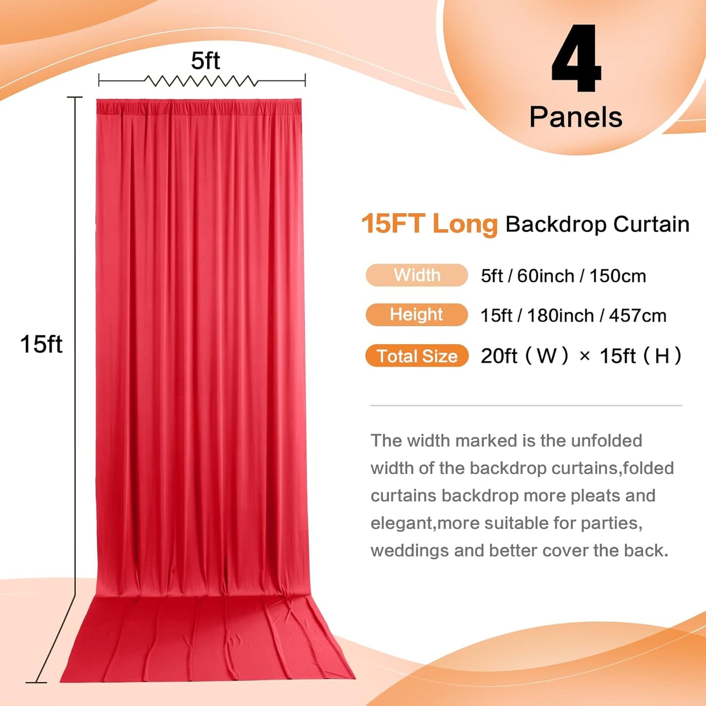 20ft x 15ft Red Wrinkle Free Backdrop Curtains for Parties,Silky Polyester Fabric Wedding Ceiling Drapes, 4 Panels 15ft Photo Back Drop Drapes for Baby Shower Photography Stage Background Cloth