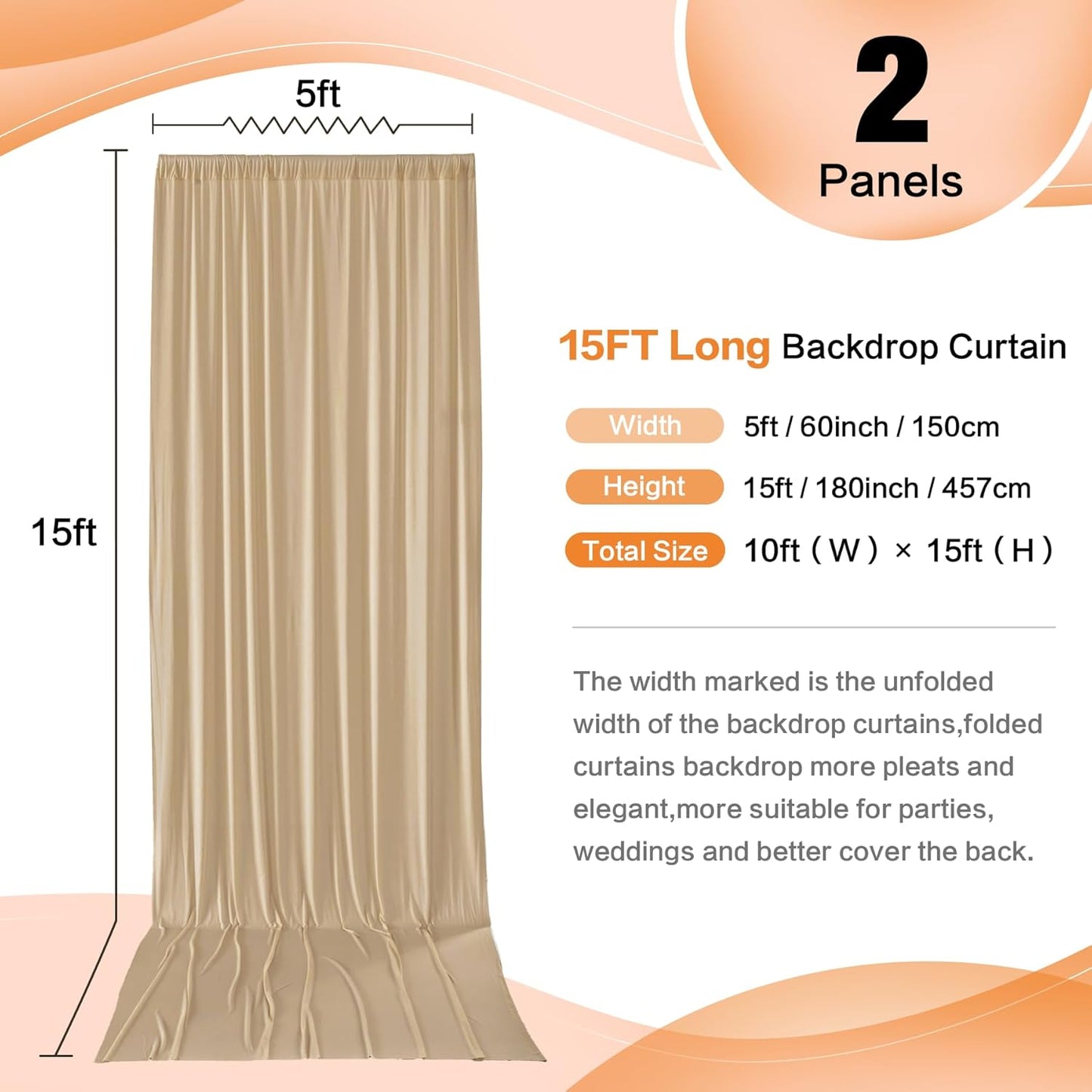 10ft x 15ft Beige Wrinkle Free Backdrop Curtains for Parties,Silky Polyester Fabric Wedding Ceiling Drapes, 2 Panels 15ft Photo Back Drop Drapes for Baby Shower Photography Stage Background Cloth