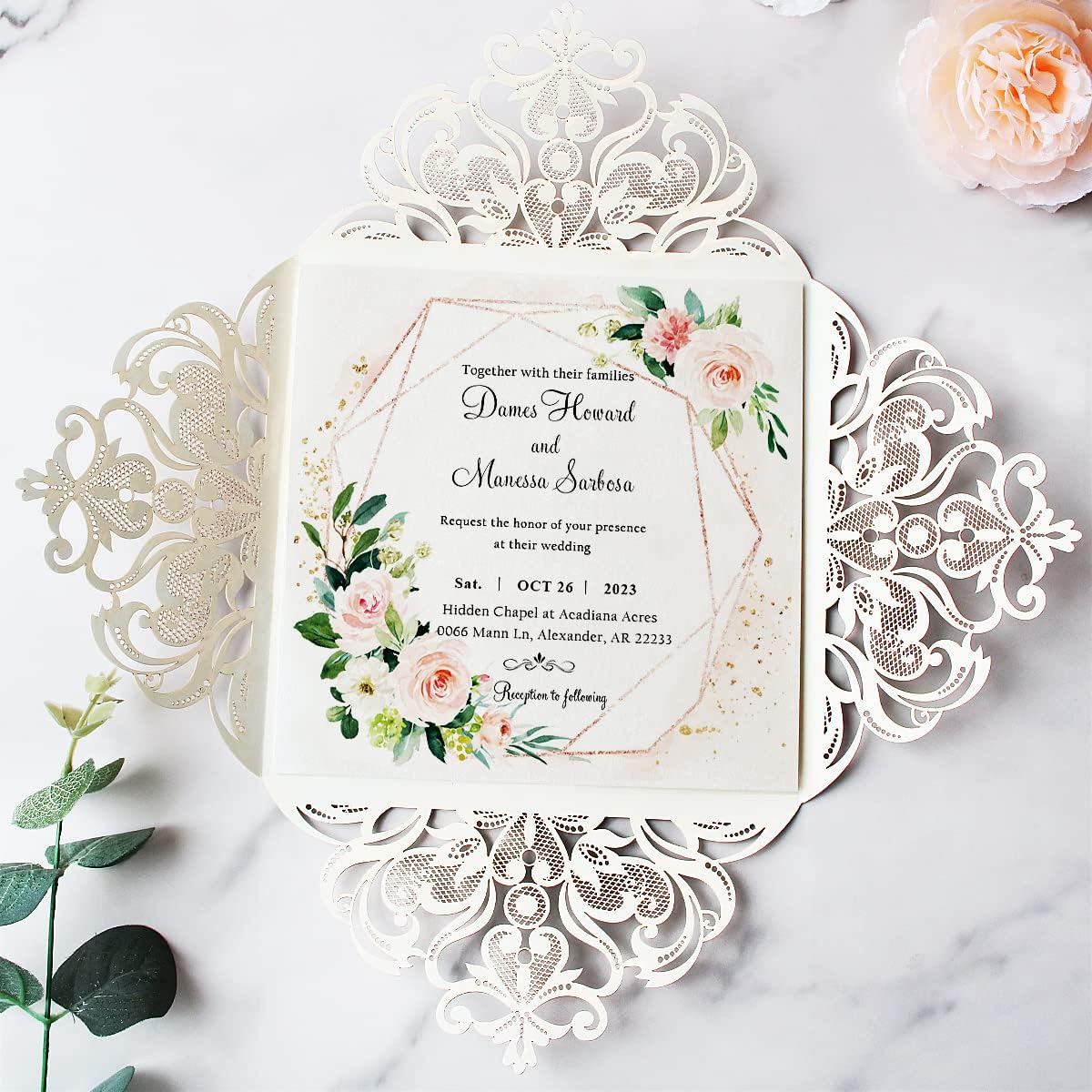 Hosmsua 50PCS Personalized Silver Glitter Laser Cut Wedding Invitation Cards With Envelopes 6.3 x 6.3 Inch Hollow Lace Rose Pocket and for Quinceanera Wedding Invite (Silver Glitter)