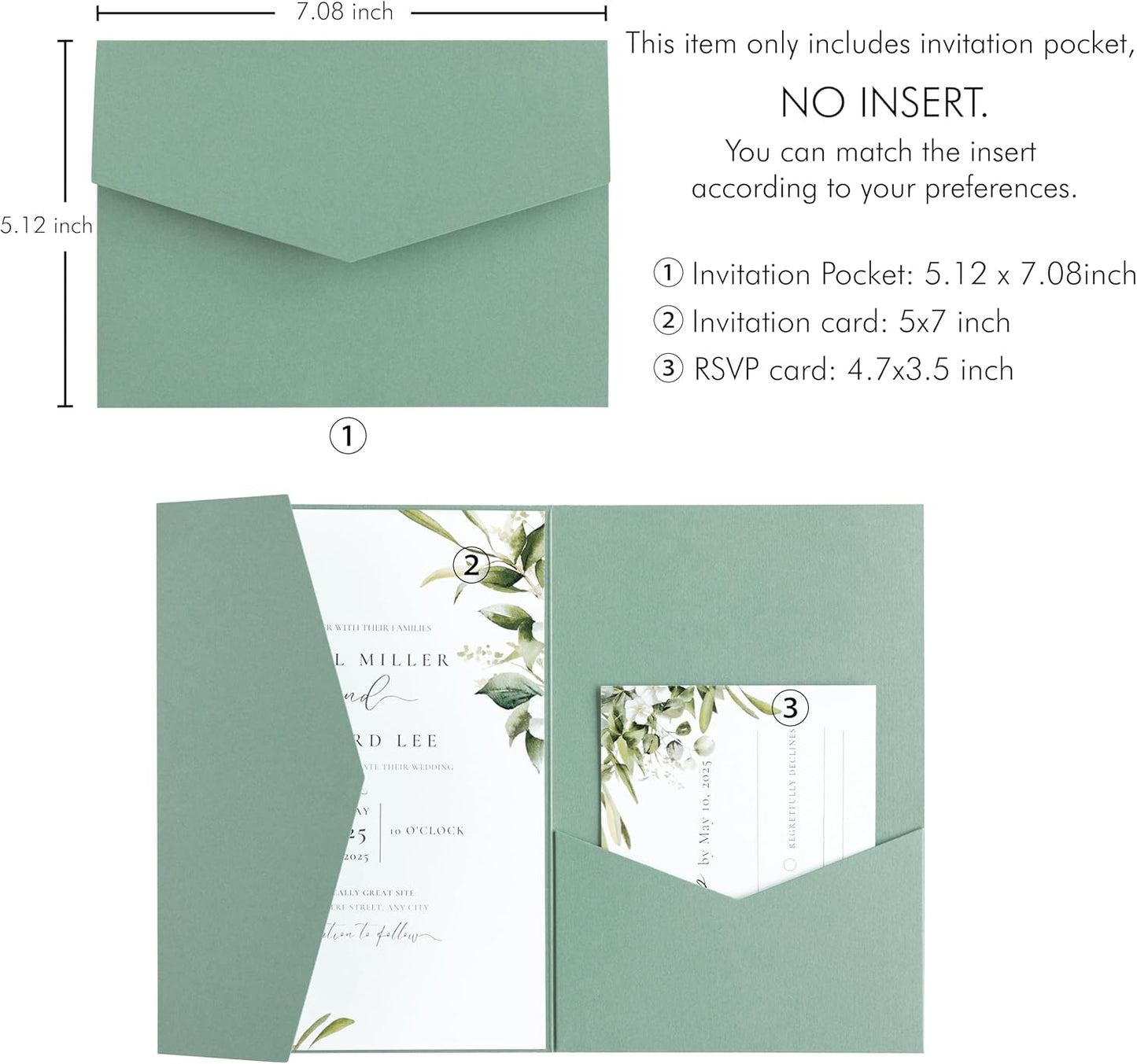 20 PCS Sage Green Tri-fold Laser Cut Wedding Invitation Pockets for 5x7 Wedding Cards Bridal Shower Engagement Quinceanera Invitation