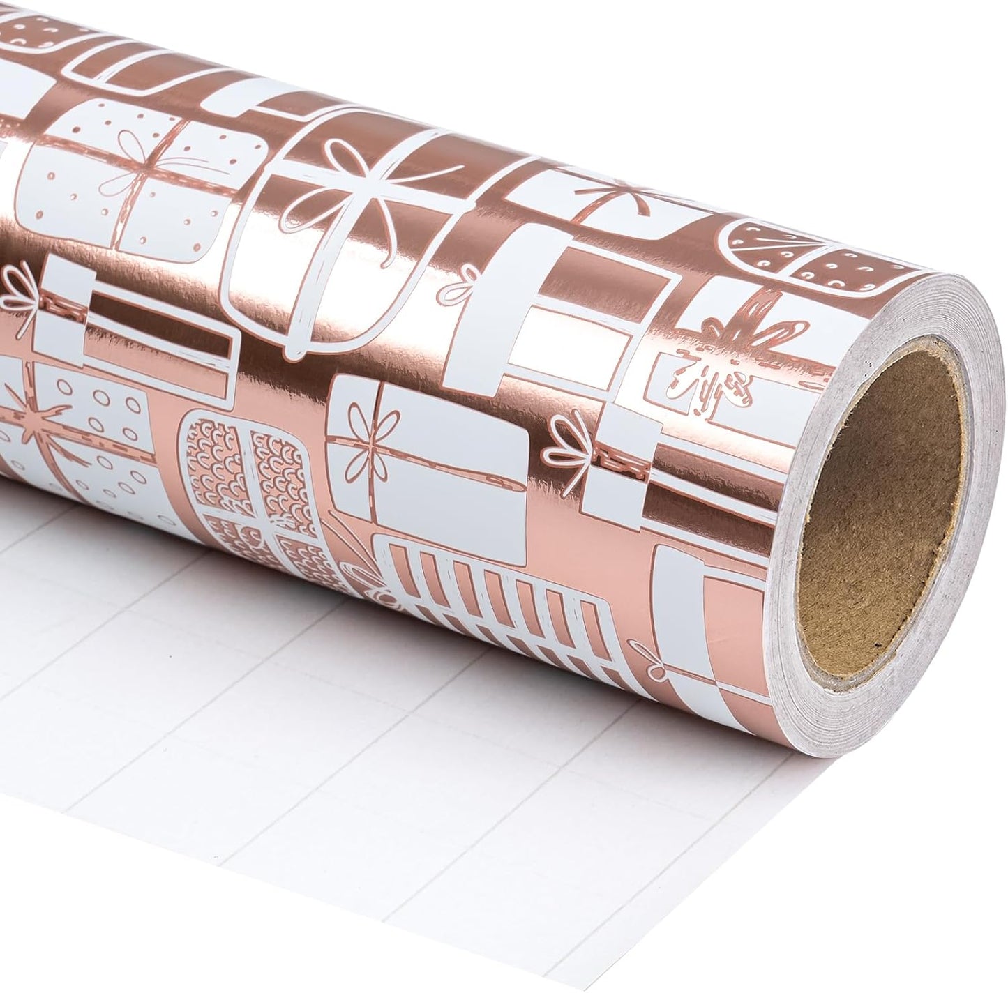 WRAPAHOLIC Wrapping Paper Roll - Mini Roll - 17 Inch x 33 Feet - Rose Gold Present Design with Metallic Foil Shine for Birthday, Party, Baby Shower