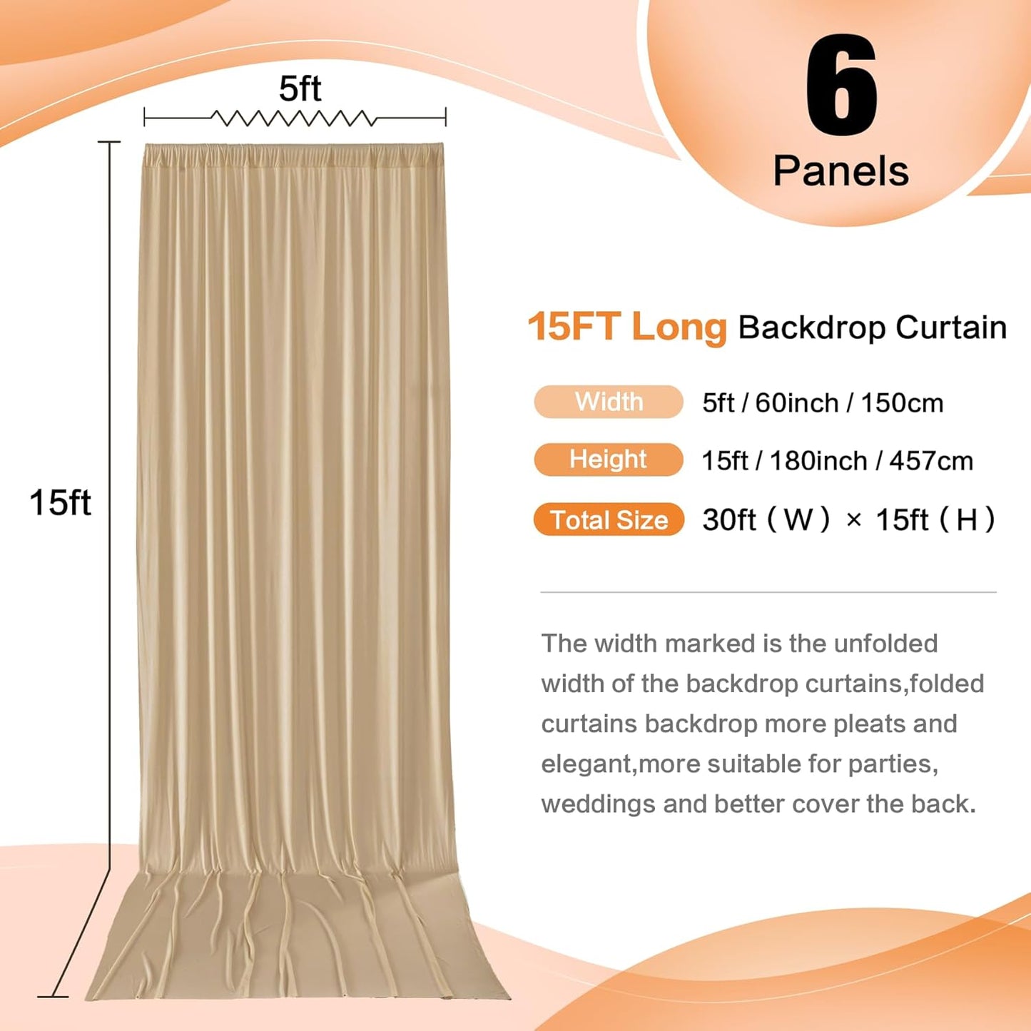 30ft x 15ft Beige Wrinkle Free Backdrop Curtains for Parties,Silky Polyester Fabric Wedding Ceiling Drapes, 6 Panels 15ft Photo Back Drop Drapes for Baby Shower Photography Stage Background Cloth