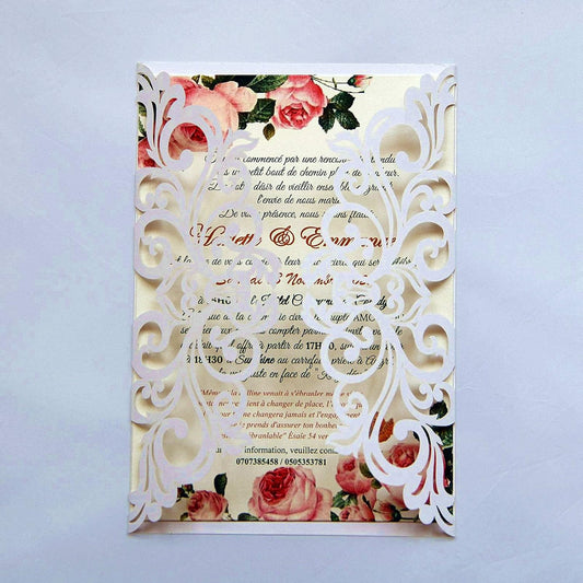 25PCS Pearl White Laser Cut Wedding Invitations Cards with Envelopes,Blank Inner Sheets,Ribbons for Wedding Bridal Shower Quinceañera Engagement Birthday Invites (B001)