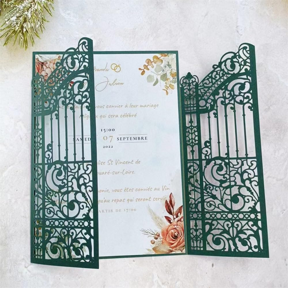 MillaSaw Dark Green Laser Cut Gate Invitation Sleeve DIY Wedding Invitation 25 Sets (dark green, 4.9"x7.1")
