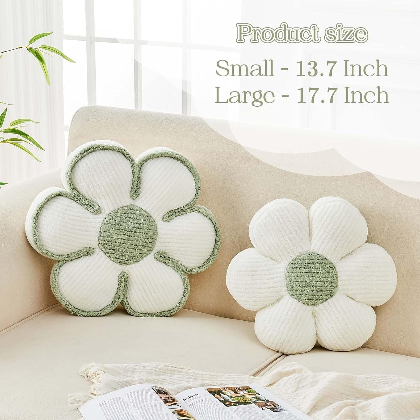 Flower Pillow, Soft Flower Decorative Throw Pillow, Cute Daisy Flower Shaped Seating Floor Cushion Room Décor Plush Pillows for Sofa Couch Bed (13.7 Inch, White)