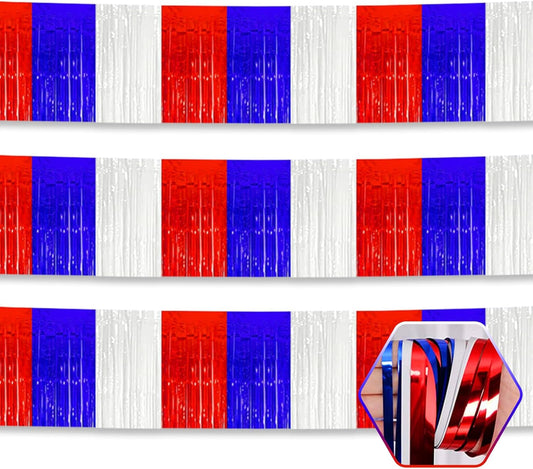 3 Pack 10 Long White Blue Red Metallic Foil Fringe Garland Wall Hanging Tassle Banner, Mother's Day, Easter, Parade Floats, Birthday, Theme Party, Wedding Party Decorations