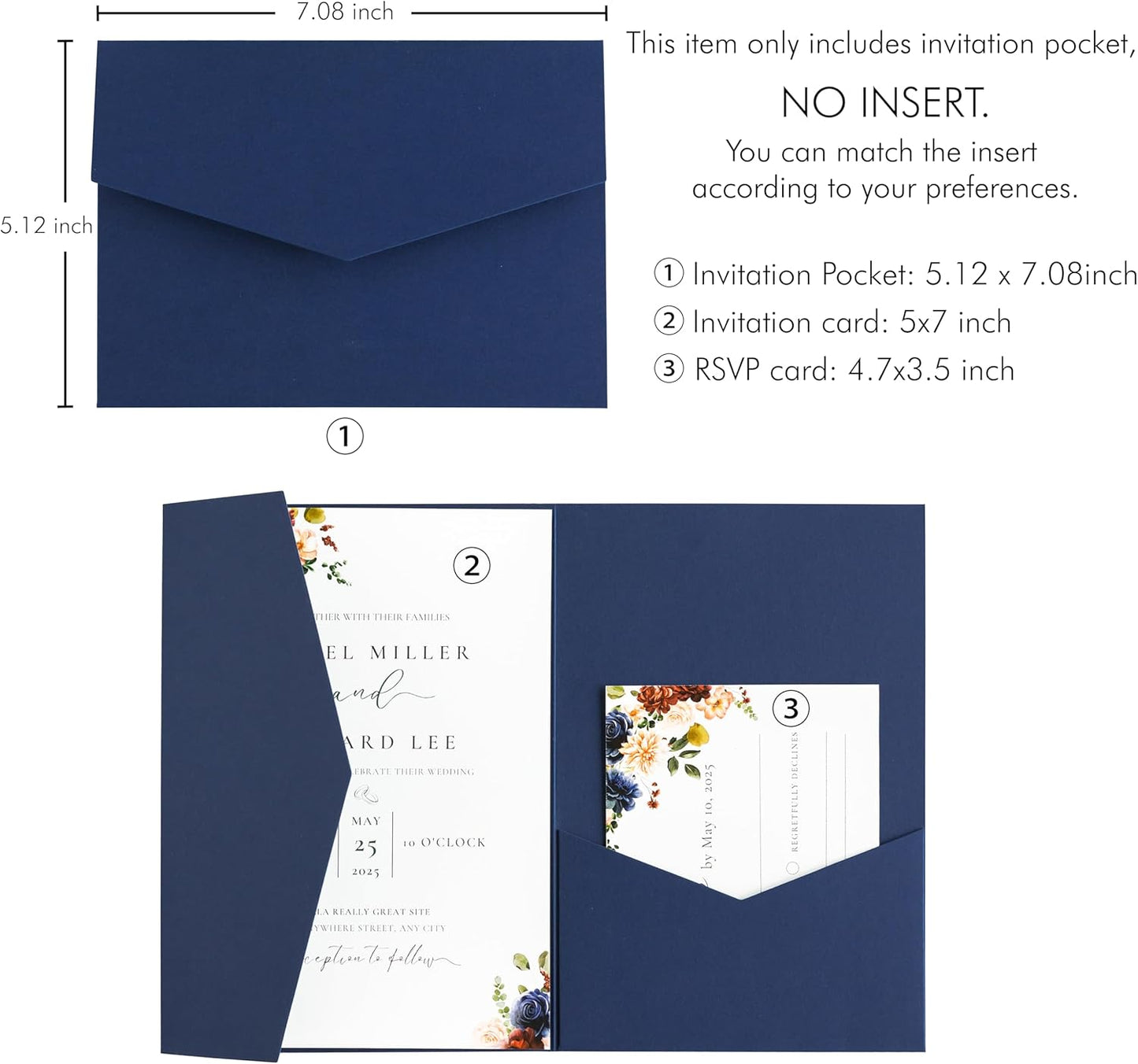 20 PCS Navy Blue Tri-fold Laser Cut Wedding Invitation Pockets for 5x7 Wedding Cards Bridal Shower Engagement Quinceanera Invitation