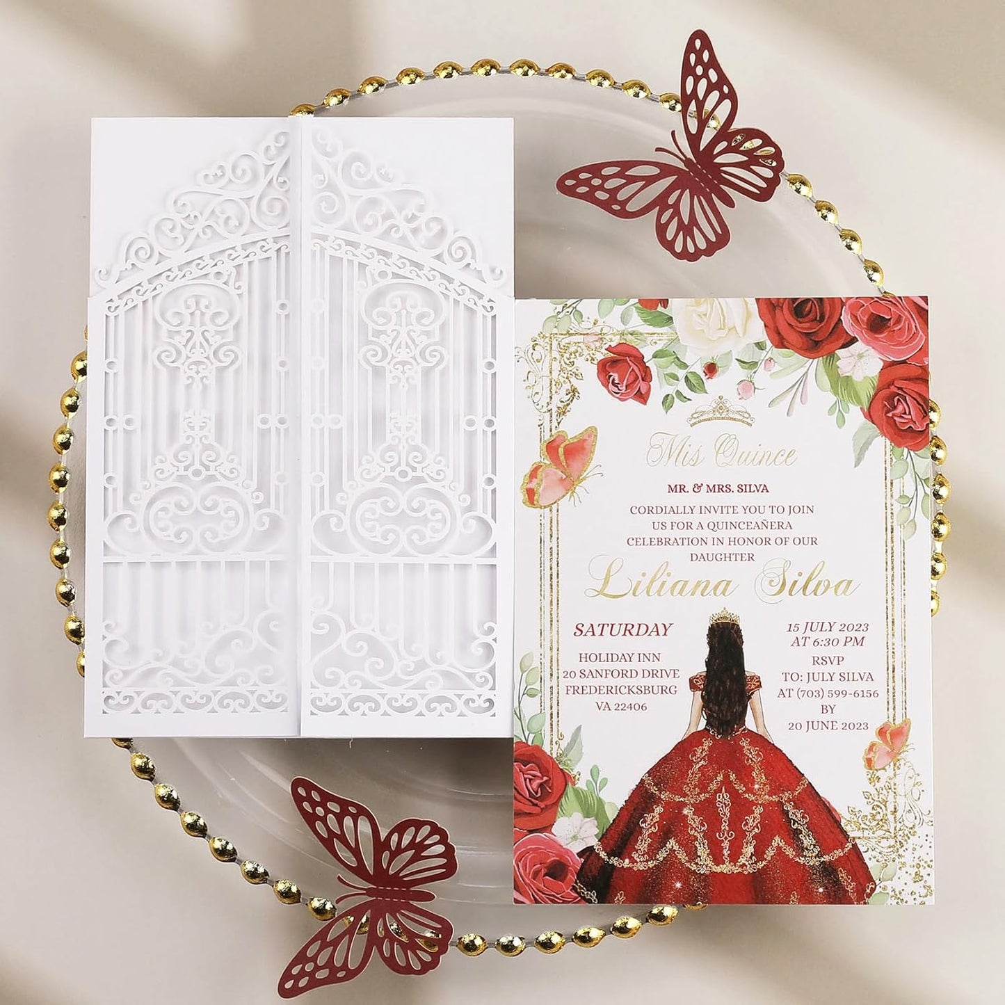 50Pcs White Laser Cut Invitations Fence Wedding Invitations Pocket with Envelopes and RSVP Cards for Wedding Quinceañera Engagement House Warming Invites, Blank Wedding Invitation Card Customizable
