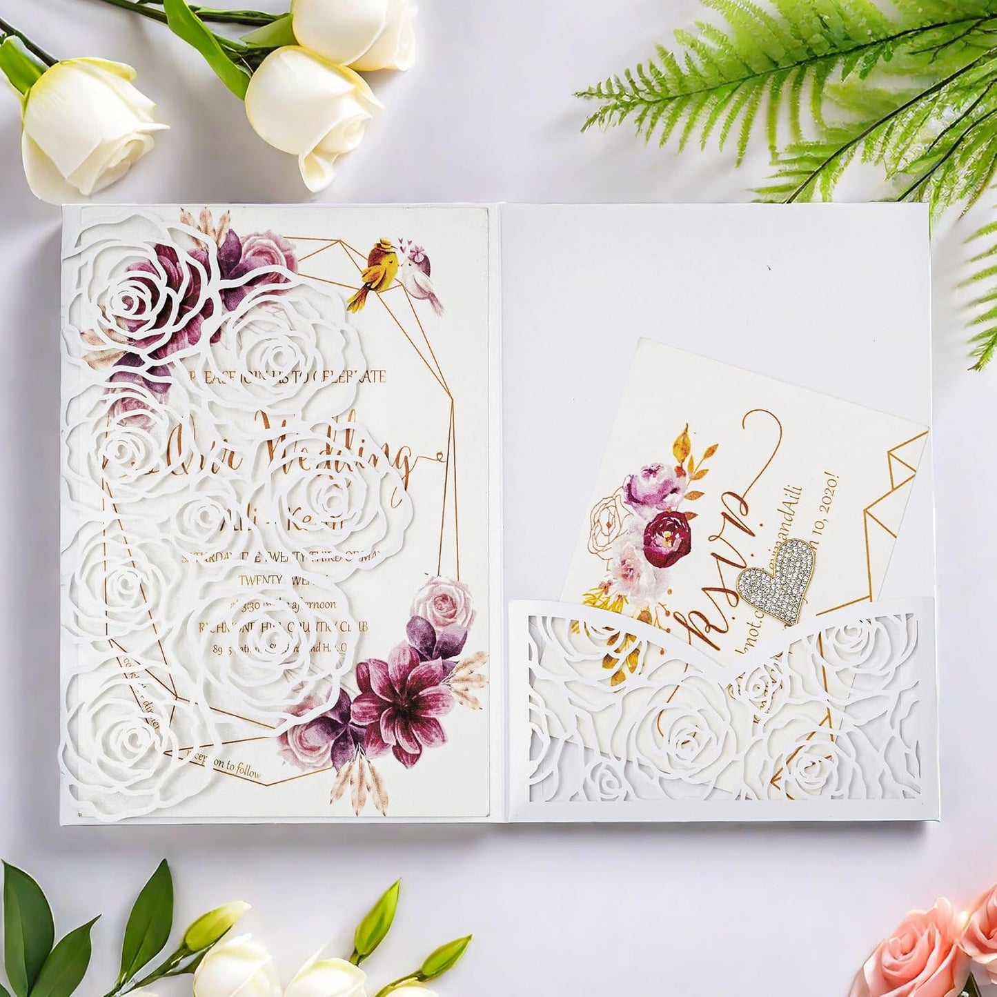 20 Pcs Laser Cut Wedding Invitations Card Pocket with Envelope for Birthday Party Baby or Bride Shower Invite suitable for 5 * 7 Inches Insert Paper (White)