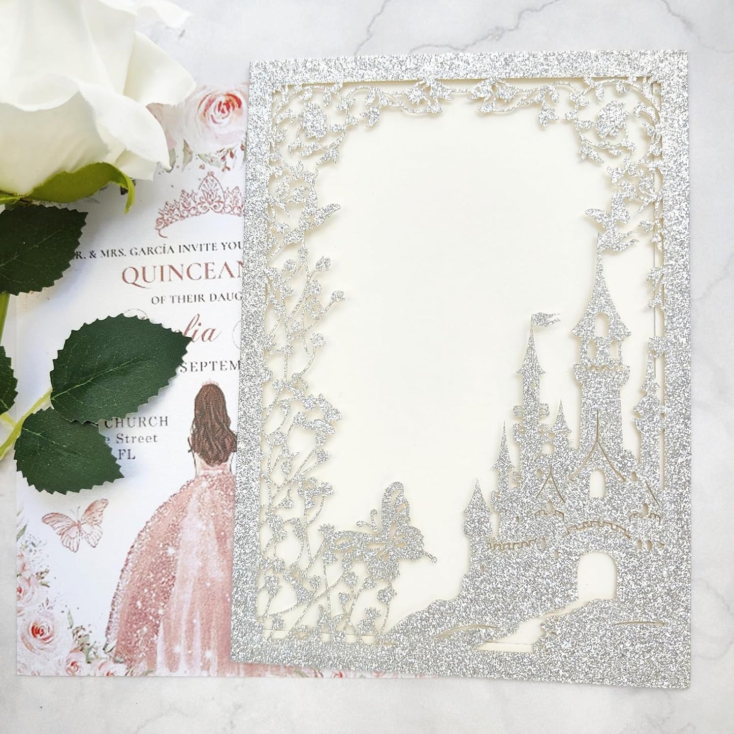20PCS Castle Pocket Invitations, Quinceanera Invitations with Envelopes, Princess Invitation, Laser Cut quince invites (glitter silver)