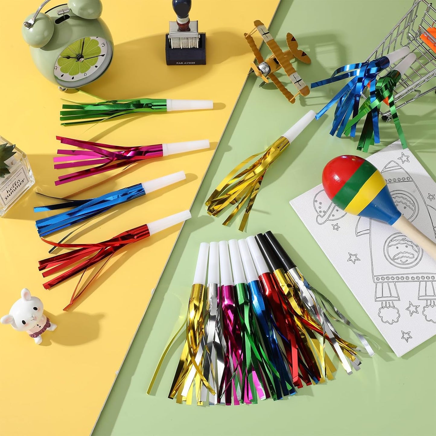 48 Pcs Gold Noise Makers Glitter Metallic Fringed Noise Makers Horns for Baby Shower, Kids Birthday, New Year Party Favor - Gold