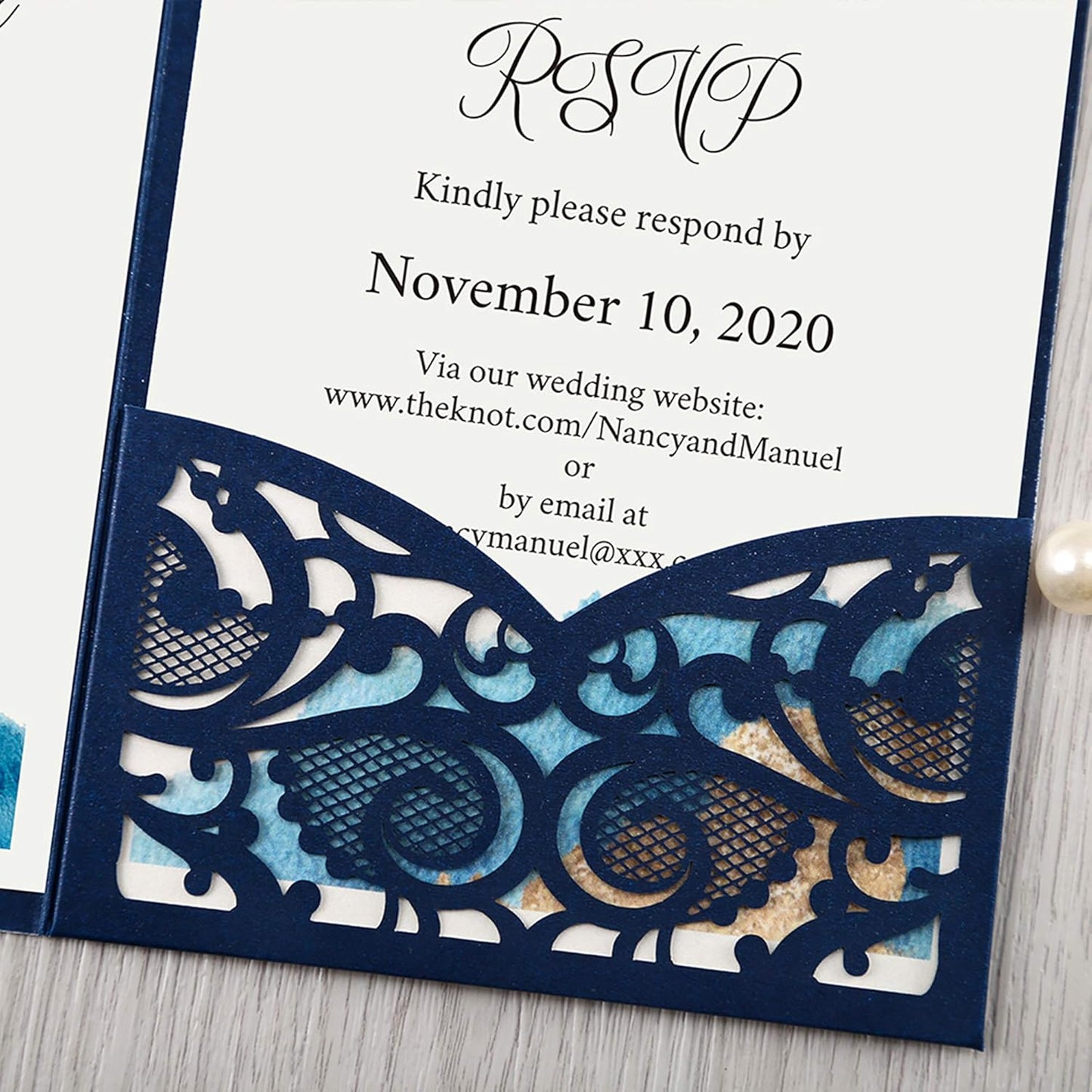 DORIS HOME 50PCS Laser Cut Wedding Invitations with Envelopes and RSVP Cards BLANK Inner With Gold Glitter Belly Band for Wedding Engagement Bridal Shower Party Invite 4.7x7 Inch Navy Blue