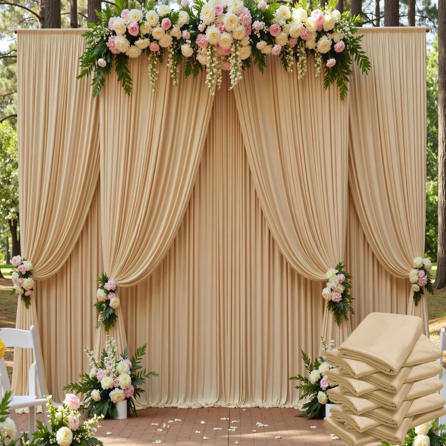50ft x 15ft Beige Wrinkle Free Backdrop Curtains for Parties,Silky Polyester Fabric Wedding Ceiling Drapes, 10 Panels 15ft Photo Back Drop Drapes for Baby Shower Photography Stage Background Cloth