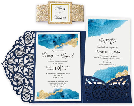 DORIS HOME 50PCS Laser Cut Wedding Invitations with Envelopes and RSVP Cards BLANK Inner With Gold Glitter Belly Band for Wedding Engagement Bridal Shower Party Invite 4.7x7 Inch Navy Blue