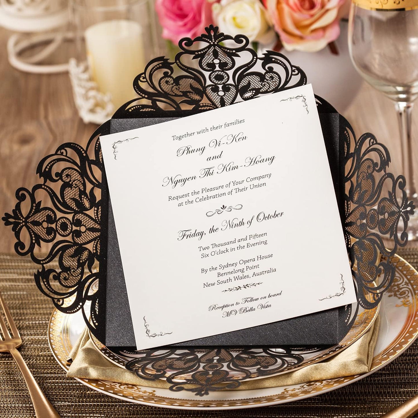 Hosmsua 50PCS Personalized Black Laser Cut Hollow Lace Rose Invitation Cards with Envelopes 6.3 x 6.3 Inch Wedding Invitations for Engagement Wedding Invite (Customized Printed)