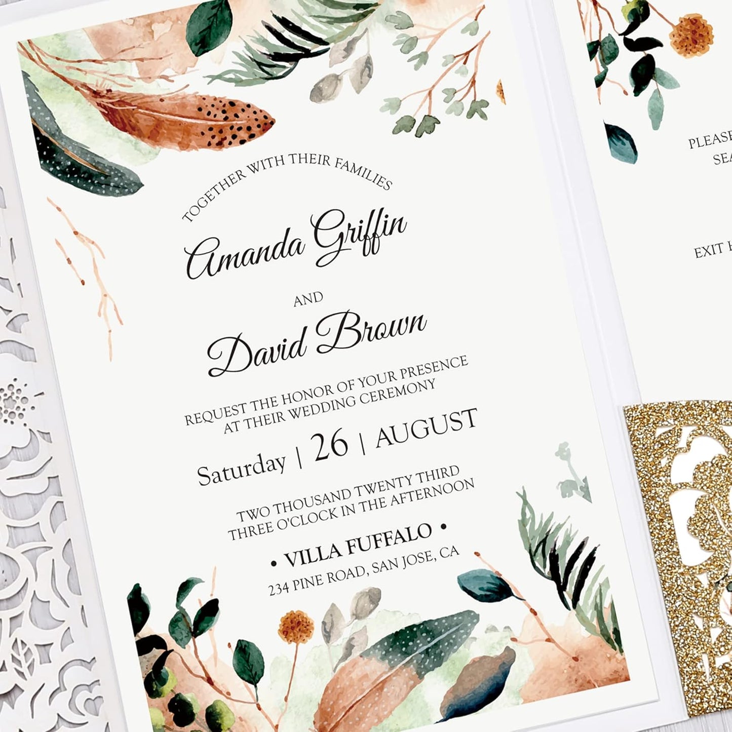 DORIS HOME 50pcs Laser Cut Wedding Invitations with Envelopes Gold Glitter, 4.7x7.1 Personalized Invitation Cards for Wedding, Anniversary Invitations with Envelopes