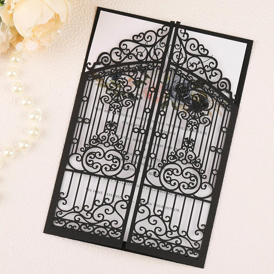 50Pcs Wedding Invitation Kit Black Fences Fold Laser Cut Invitation Pocket Personalized Wedding Card and Rsvp Card for Wedding Engagement Mermaid Birthday Party Invites