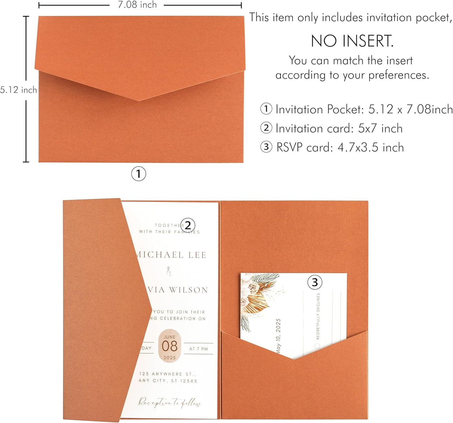 20 PCS Burnt Orange Tri-fold Laser Cut Wedding Invitation Pockets for 5x7 Wedding Cards Bridal Shower Engagement Quinceanera Invitation