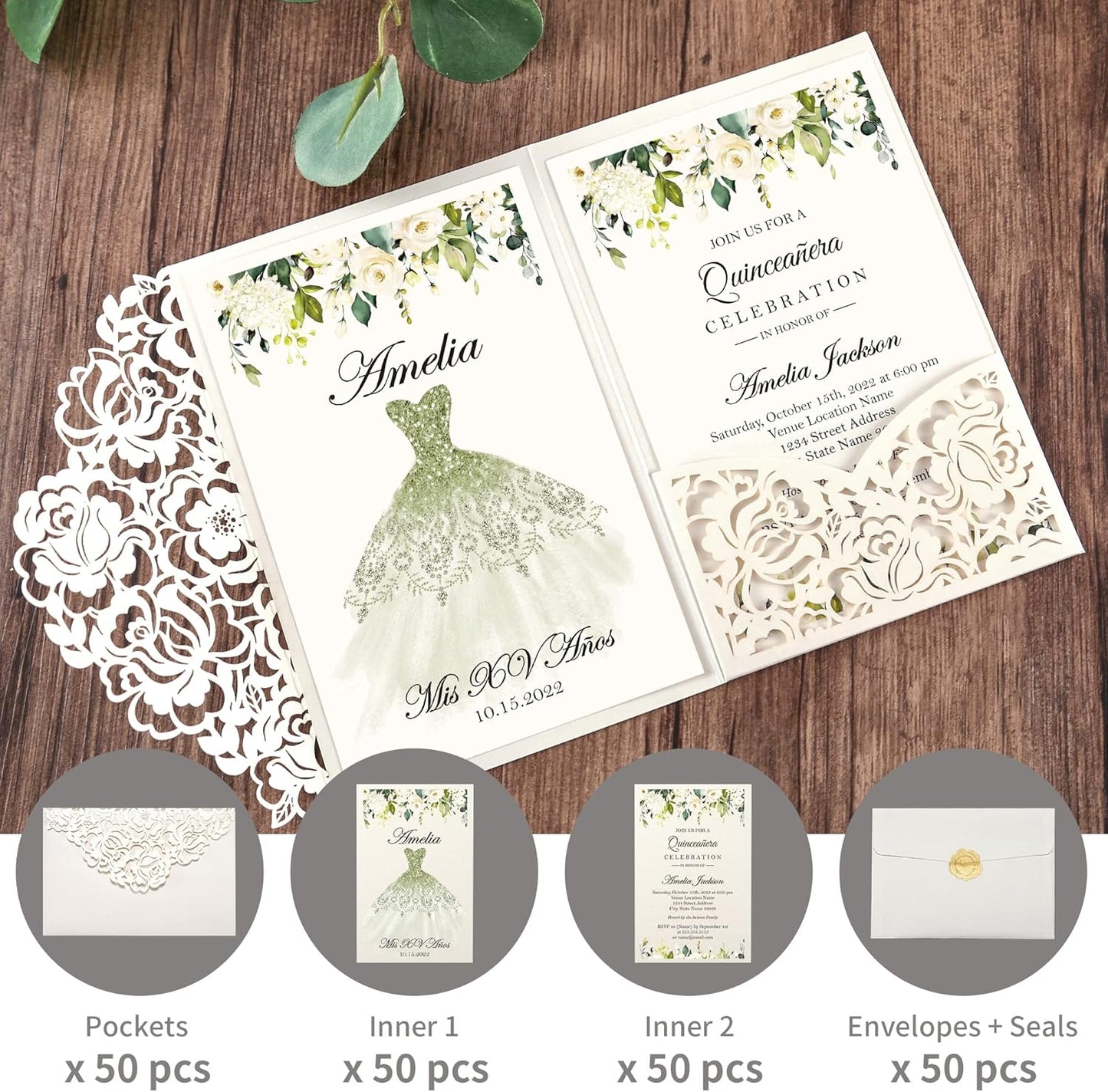 DORIS HOME 50pcs Laser Cut Quinceanera Invitations Green and Ivory White, 4.7x7.1 Personalized Quince Invitations for 15th Birthday, Invitation cards for Sweet 16 with Envelopes