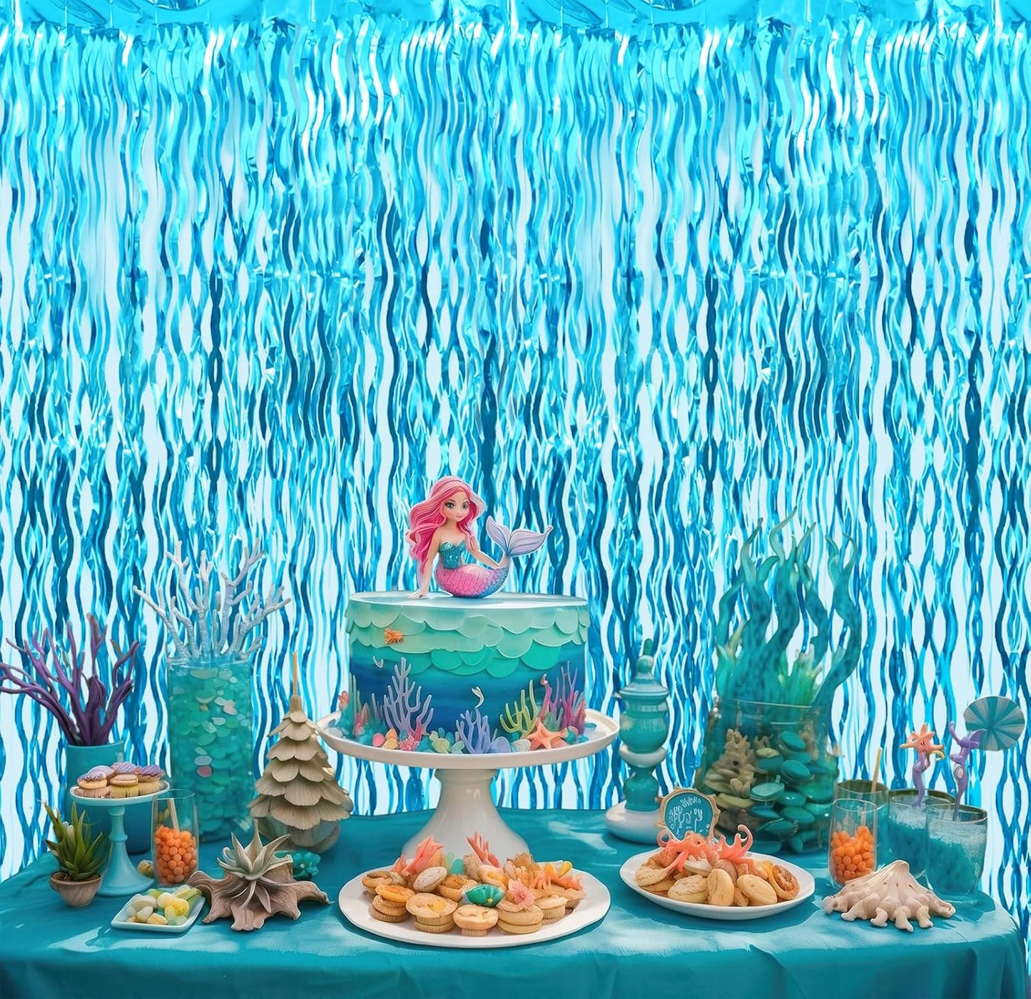 GOER 3.2 ft x 6.5 ft Metallic Tinsel Foil Fringe Curtains Party Photo Backdrop Party Streamers for Birthday,Graduation,New Year Eve Decorations Wedding Decor (5 Pcs,Wavy Light Blue)