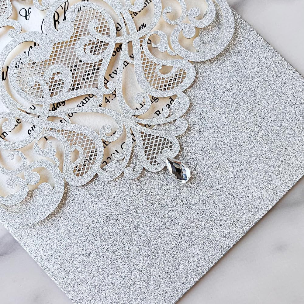 Hosmsua 5.1 x 7.3 Inch 50PCS Silver Glitter Wedding Invitation Cards with Rhinestone Laser Cut Hollow Flora Quinceanera Invitation with Envelopes for Bridal Shower Wedding Invite (Silver Glitter)