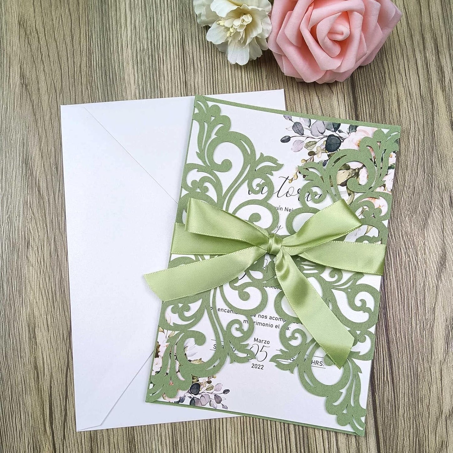25PCS Laser Cut Wedding Invitations Cards with Envelopes,Blank Inner Sheets,Ribbons for Wedding Bridal Shower Quinceañera Engagement Birthday Invites (matte sage green)