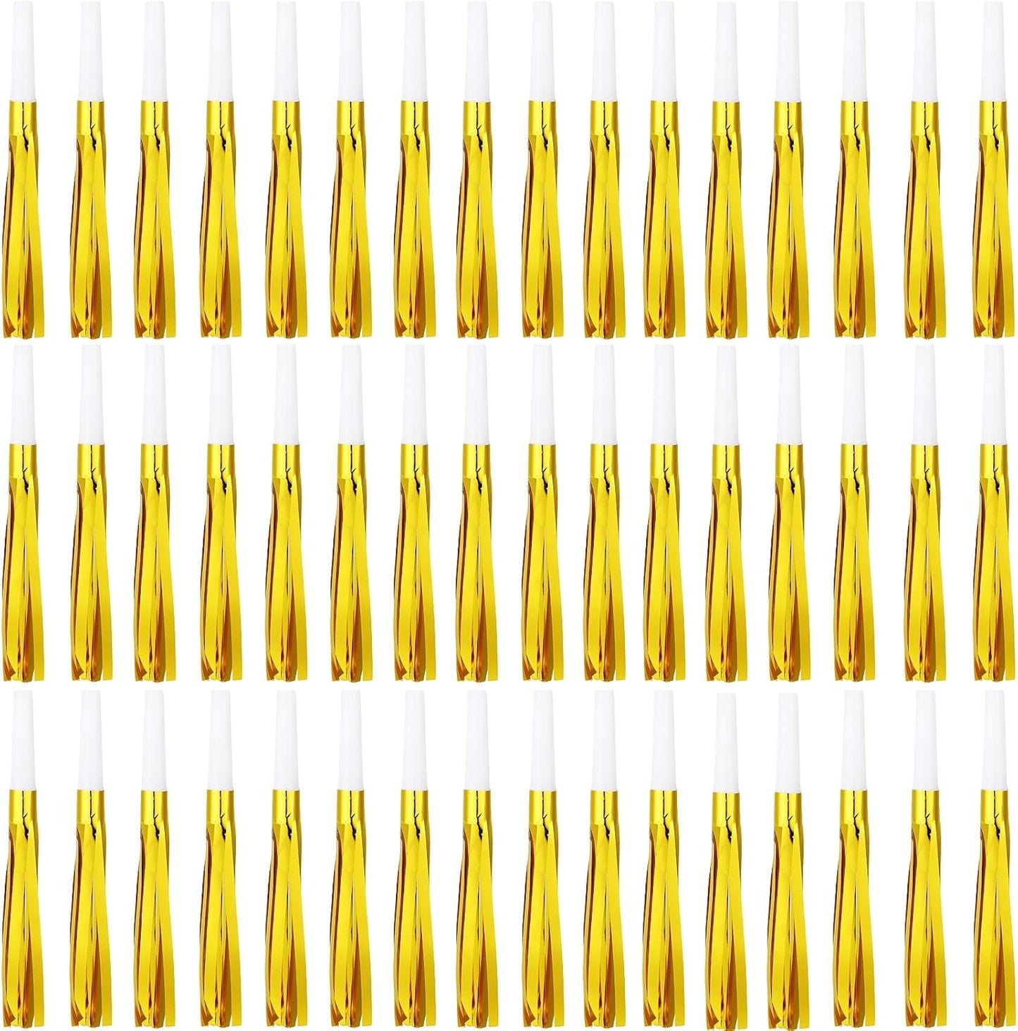 48 Pcs Gold Noise Makers Glitter Metallic Fringed Noise Makers Horns for Baby Shower, Kids Birthday, New Year Party Favor - Gold