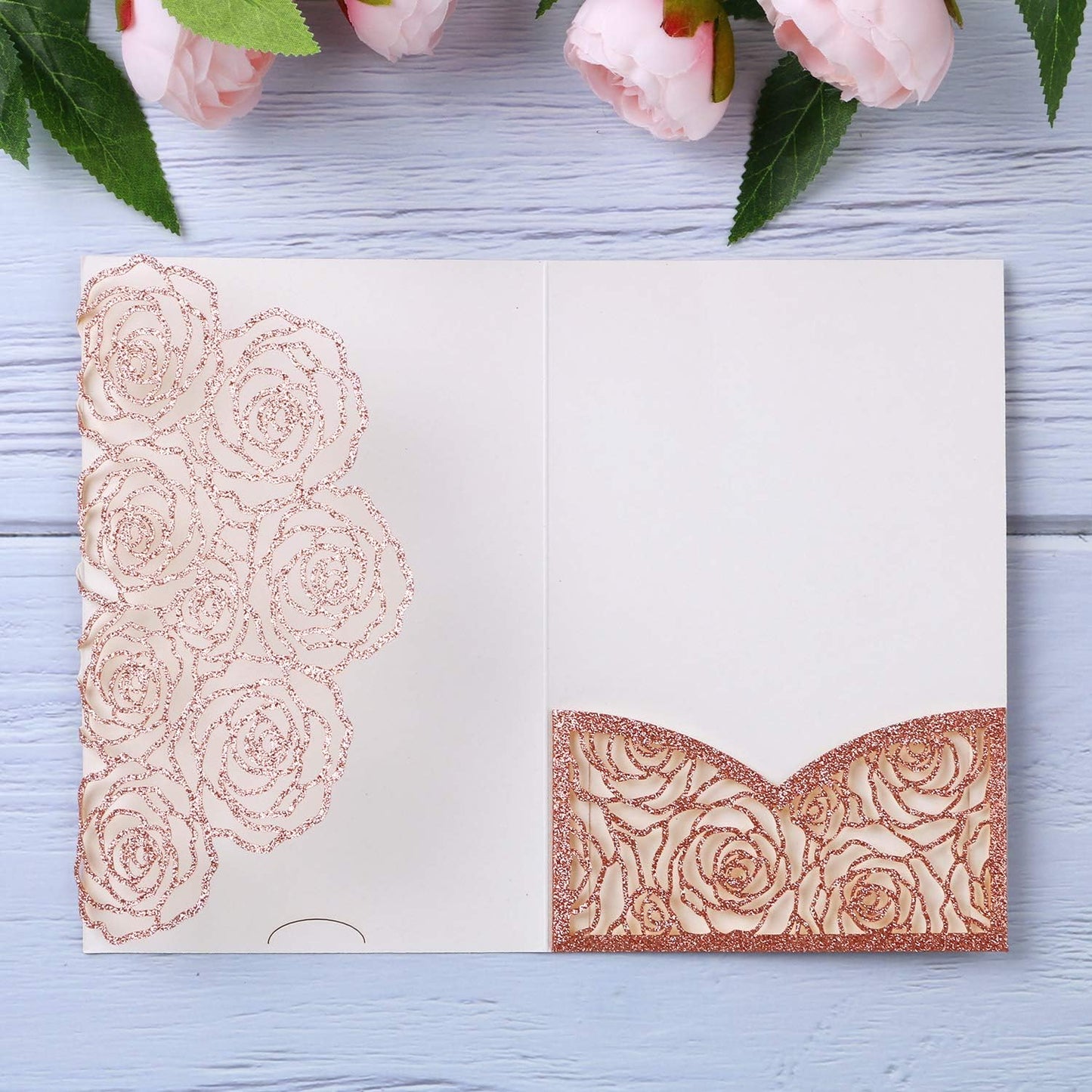 20 Pcs Laser Cut Wedding Invitations Card Pocket with Envelope for Birthday Party Baby or Bride Shower Invite suitable for 5 * 7 Inches Insert Paper (Rose Gold Glitter)