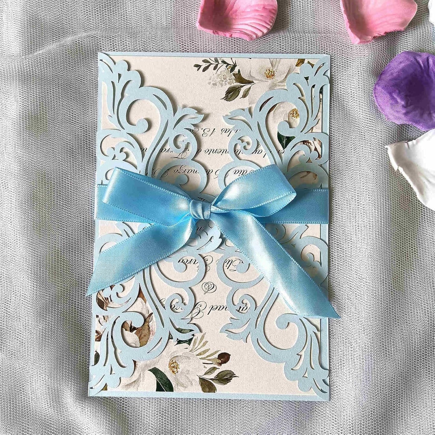 25PCS Light Blue Laser Cut Wedding Invitations Cards with Envelopes,Blank Inner Sheets,Ribbons for Wedding Bridal Shower Quinceanera Engagement Birthday Invites matte light blue B001