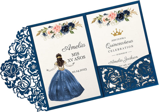 DORIS HOME 50pcs Laser Cut Quinceanera Invitations Blue, 4.7x7.1 Personalized Quince Invitations for 15th Birthday, Invitation cards for Sweet 16 with Envelopes