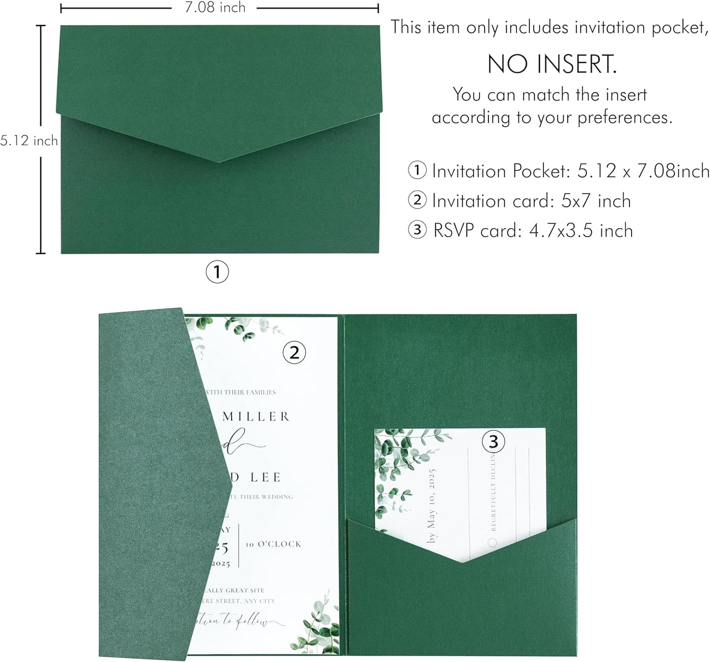 20 PCS Emerald Green Tri-fold Laser Cut Wedding Invitation Pockets for 5x7 Wedding Cards Bridal Shower Engagement Quinceanera Invitation