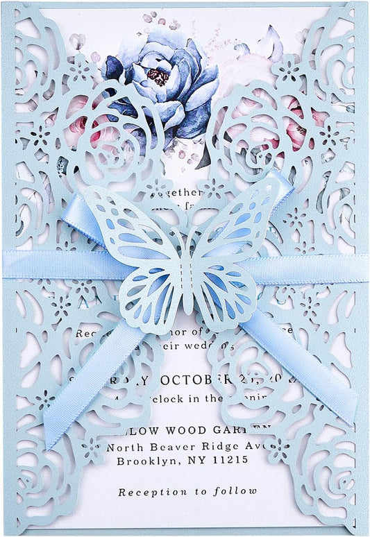 50 Set Light Blue Wedding Invitations Butterfly Laser Cut Invitations Pocket with Blank Inner Cards Rsvp Envelopes Stickers - Personalized Party Invites for Baby Bridal Shower QuinceañEa