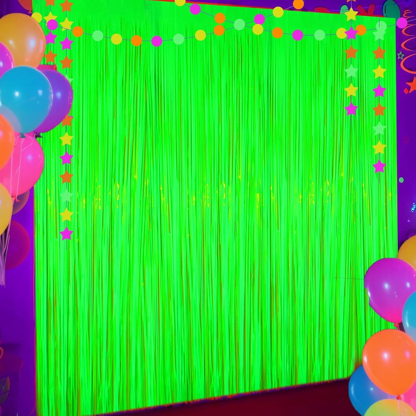 Glow in The Dark Party Supplies, 4 Packs Neon Party Decorations, Macaron Green Blacklight Reactive Fluorescent Tinsel Foil Fringe Curtains, Luminous Backdrop Streamers for Birthday, Photo Booth Prop