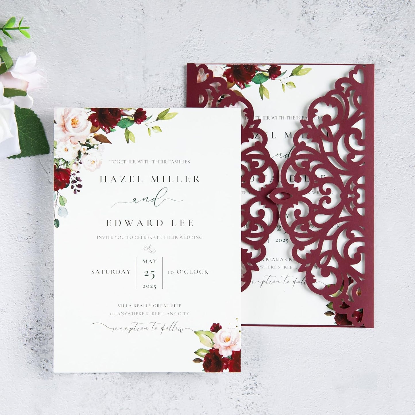 20Pcs Burgundy Laser Cut Invitation Cards With Blank Inner Sheets for Wedding Cards Bridal Shower Engagement Quinceanera Invitation (No Envelopes)