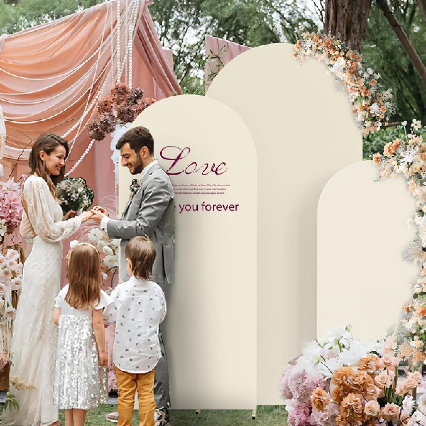 Spandex Anti Wrinkle Arch Backdrop Cover - High Elastic Fitted Arch Stand Cover Set of 3, Beige Round Top Chiara Backdrop for Wedding Birthday Party Garden Decor 4FT, 5FT, 6FT