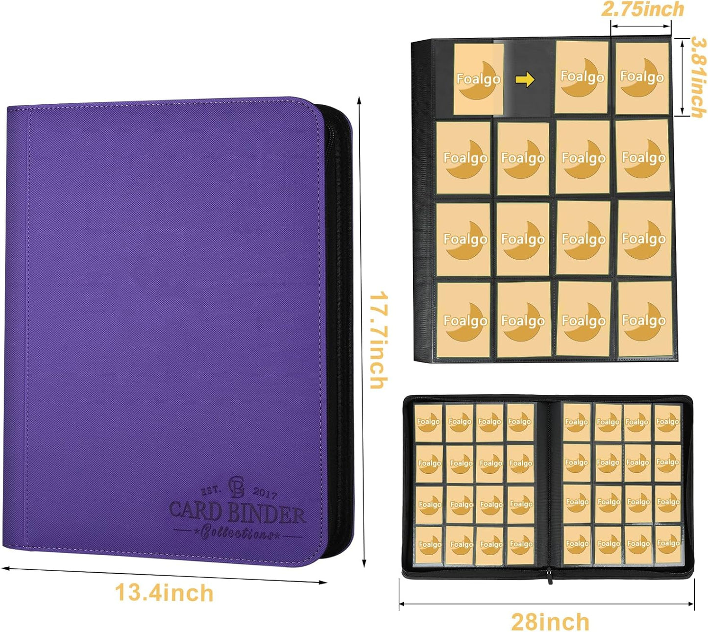 Trading Card Binder 16 Pocket, Foalgo PU Cover Card Binder for 1000+ Cards, Premium Trading Card Holder Folders, Double Sided Pocket Card Album for MTG, TCG (Purple)