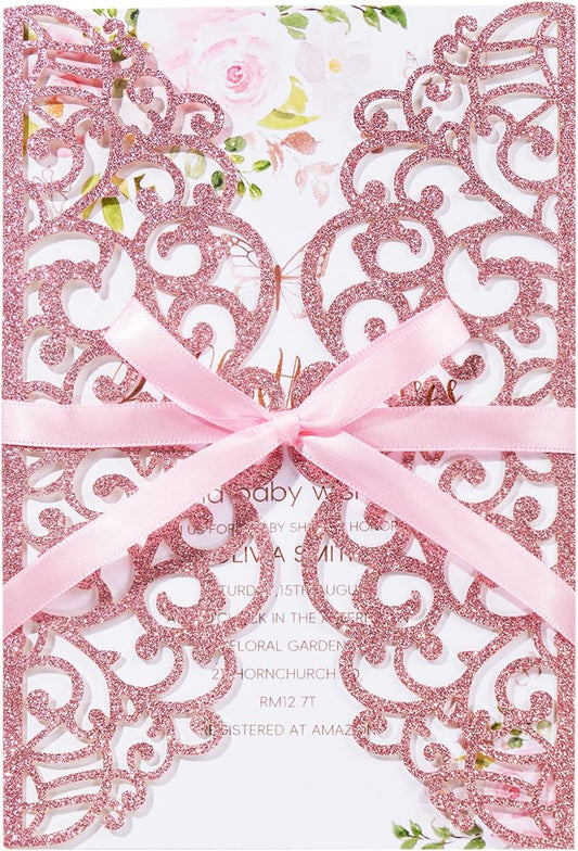 25pcs Glitter Laser Cut Wedding Invitation Kits Pink Personalized Invitation Pockets 5×7 Invitations with Envelopes and RSVP Cards Blank for Wedding Quinceanera Bridal Shower Engagement Birthday Party