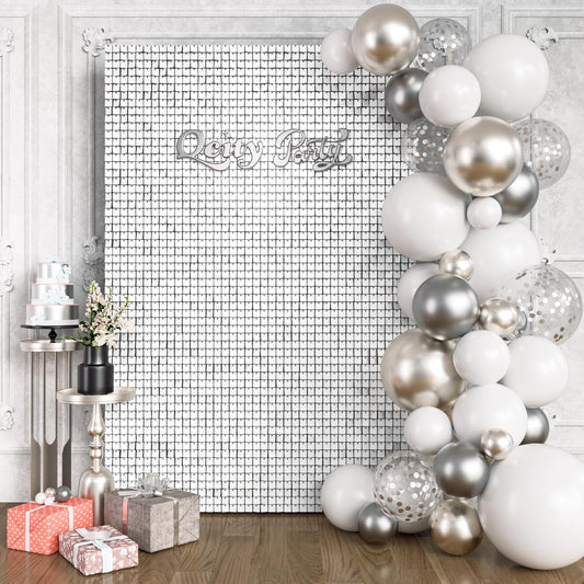 Qcity Matte White Sequin Wall Backdrop 24PCS, Black Back Not See-Through Design, Square Sequin Glitter Backdrop Panel, Perfect for Outdoor Events, Birthdays, Wedding and Party Decoration