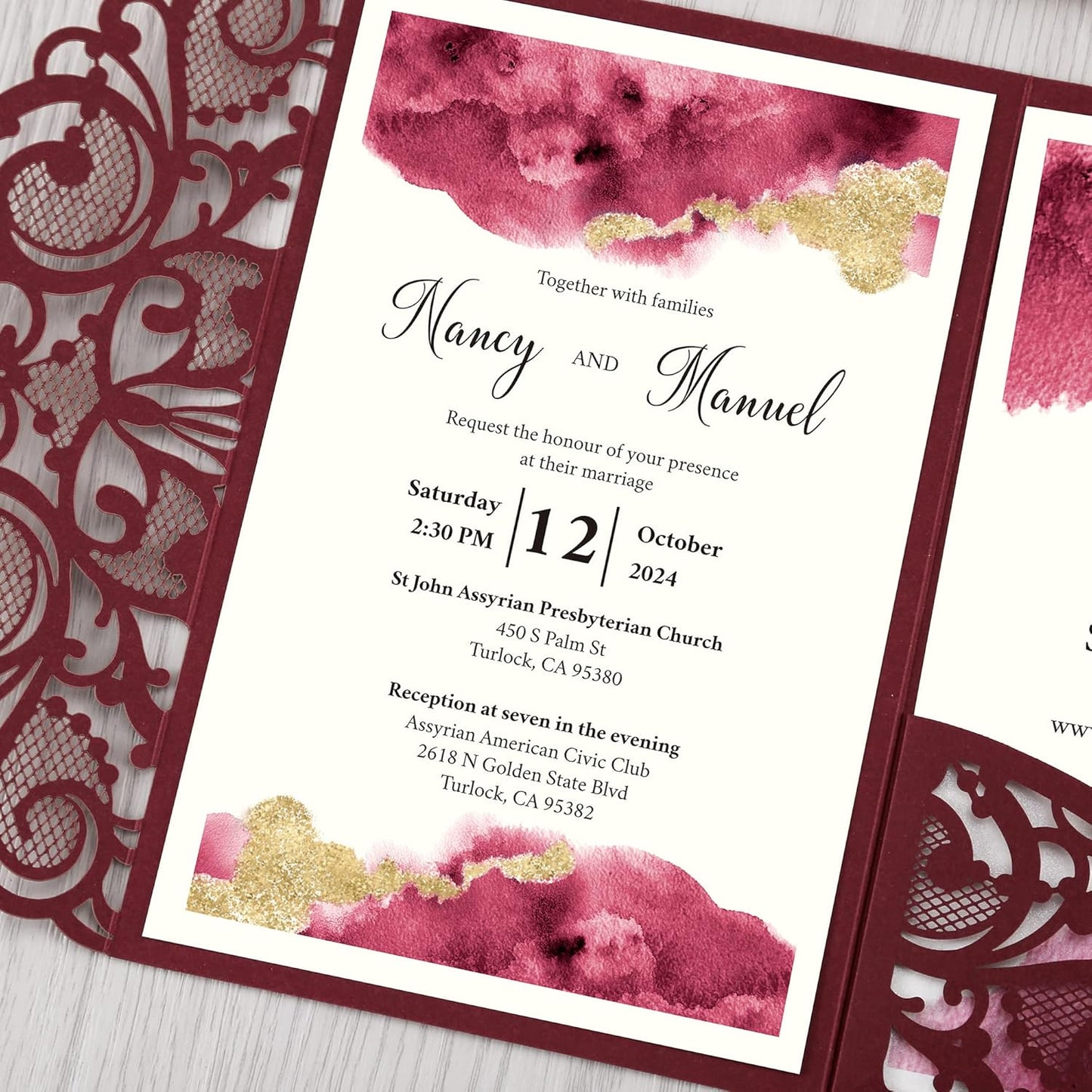 DORIS HOME 50PCS Laser Cut Wedding Invitations with Envelopes and RSVP Cards Personalized Inner With Gold Glitter Belly Band for Wedding Engagement Bridal Shower Party Invite 4.7x7 Inch Burgundy